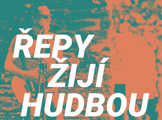Banner „Řepy žijí hudbou“ — oranžovo-tyrkysová rastrová grafika s kytaristou v kšiltovce a slunečních brýlích