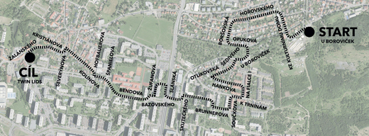Mapa trasy masopustního průvodu ze startu U Boroviček přes horní Řepy a sídliště do cíle u restaurace Twin Lids