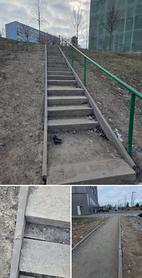 Nové schody a úzká parková cesta od ulice Galandova ke Sportovnímu centru, detail nerovného napojení dlažby
